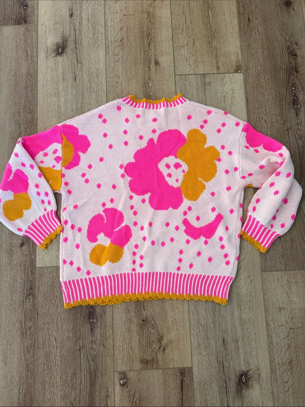 BIBI | Pink & Mustard Floral Knit Sweater | size S | Scalloped Hem - Picture 4 of 4